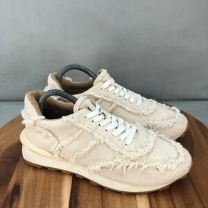J/Slides NYC Eddie Sneakers Womens 9 Beige Frayed Canvas Shoes Comfort Lace Up
